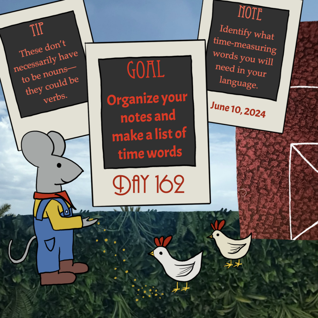 Decorative image of a mouse feeding chickens with the daily prompt written in the background